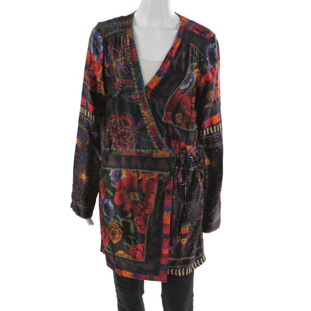 Farm Rio Women Floral V-Neck Black Drawstring Coat Long Sleeve Boho Size S